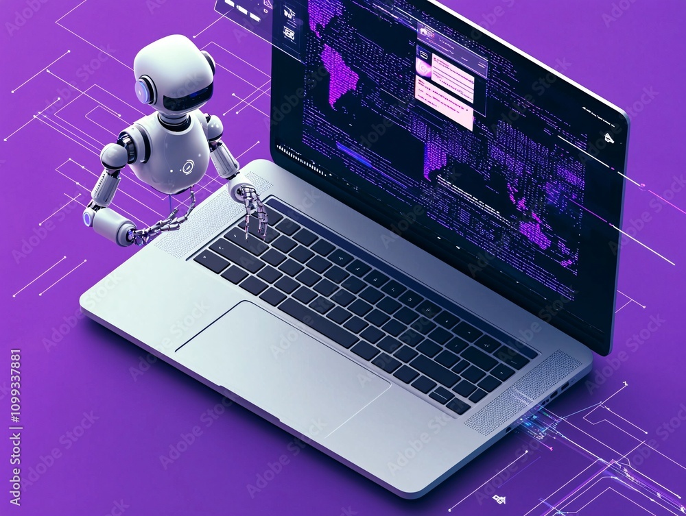 Poster futuristic investment management with robotic advisors and fluctuating currency metrics, creating an