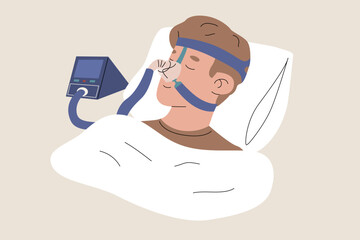 Young man sleeping with anti-apnea device. Deep healthy sleep. Sudden cessation of breathing during sleep. Vector illustration isolated on transparent background in flat style.