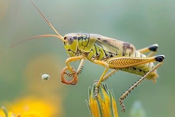 Vibrant Grasshopper on Yellow Flower, Detailed Macro Photography