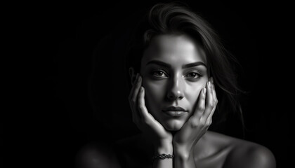 Obraz premium Black and White Portrait of a Woman with Hands Framing Her Face, Dramatic Lighting and Intense Gaze in Low-Key Photography