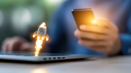 Innovative technology concept featuring a smartphone and laptop with a rocket taking off symbolizing progress, growth, and digital transformation in modern business environments
