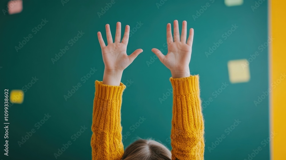 Poster interactive classroom setting with students raising their hands expressing engagement curiosity and 