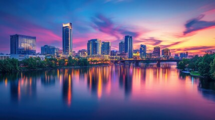 Naklejka premium Bright city skyline at dusk, lights reflecting on river, vibrant colors, bustling and energetic, urban nightlife