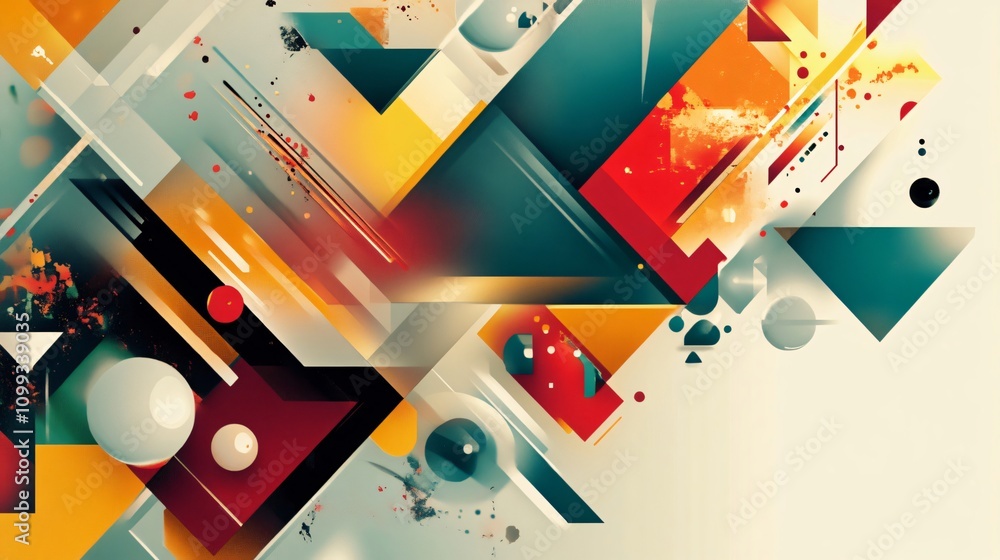 Poster dynamic modern background with red, orange and blue geometric form like squares and cubes.