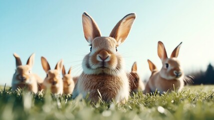 Obraz premium A group of brown rabbits sitting in a grassy field under a clear blue sky, with one rabbit prominently in the foreground.