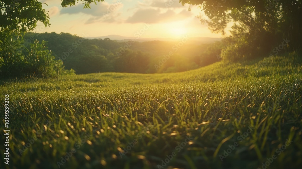 Poster a close-up view of a grassy field at sunset with a sun shining through the trees in the background.