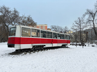 Winter cityscape Novosibirsk Russia Old soviet retro tram