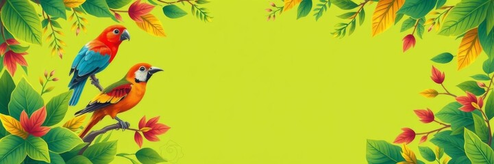 Obraz premium Lush green leaves and colorful birds creating a vibrant nature frame, perfect for eco-friendly designs and nature-themed projects, project, greeting card