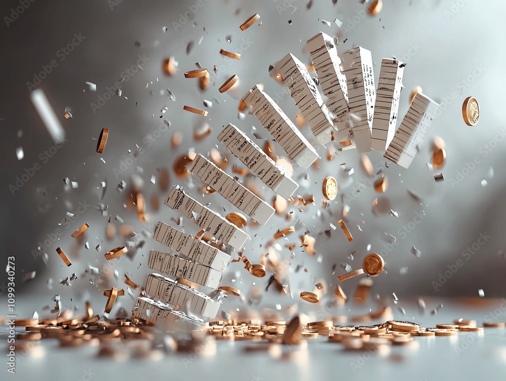 Poster credit default domino effect visualized through a collapsing stack of coins and falling stock prices
