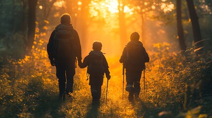 A bright and clear image, 8k high definition family hiking in a lush forest, appreciating nature on Earth Day 2024 