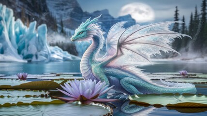 Obraz premium Aquatic dragon on lily pads in an icy lake