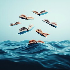 Obraz premium A digital sea library with holographic books floating like waves, sea library, fluid knowledge