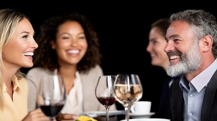 Lively Dinner Party with Friends Enjoying Wine, Laughter, and Delicious Food in a Cozy Atmosphere at a Stylish Restaurant Gathering