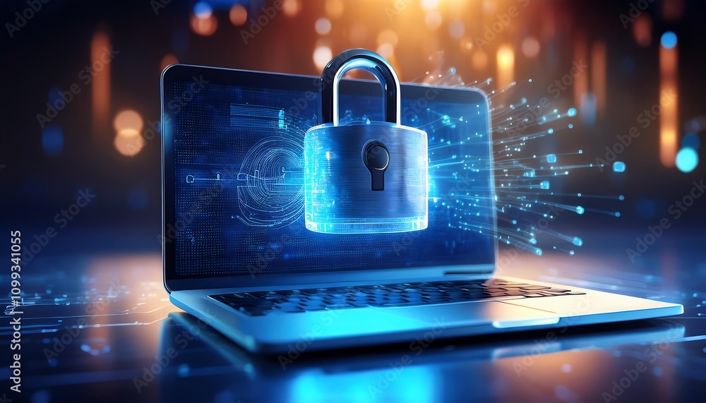 Poster a glowing digital padlock appears above a laptop, symbolizing cybersecurity and data protection in a