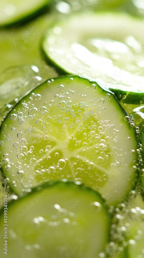 Poster close-up of fresh cucumber slices in water with bubbles.