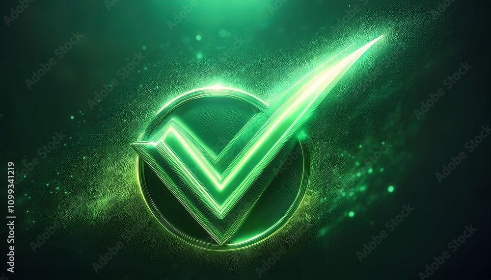Poster a glowing green checkmark symbolizing approval and success, set against a dynamic background with a 