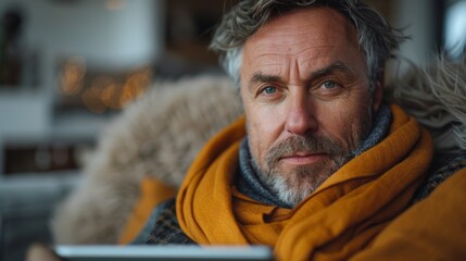 An Older man with gray hair and a beard dressed in a yellow scarf sits in a cozy living room setting surrounded by warm and inviting elements.
