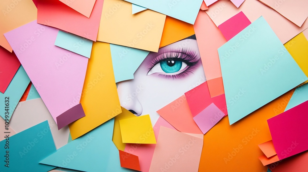 Poster a captivating close-up: an enigmatic face partially obscured by a kaleidoscope of colorful paper sha
