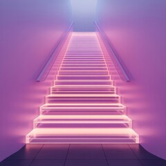 Obraz premium A glowing staircase leading to infinite levels of translucent virtual bookshelves, staircase library, endless wonder