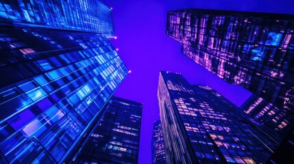 City skyscrapers illuminated with blue and purple neon lights