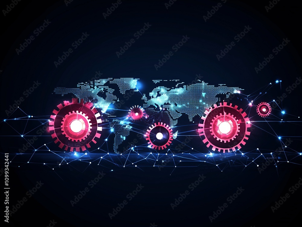 Poster bold visuals of exchange rate scenarios, with gears and cogs symbolizing interconnected global syste
