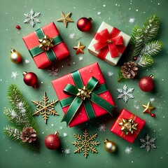 Christmas Eve concept: Top view of red gift boxes with green ribbons, gold star ornaments, baubles, and snowy pine branches on a green background