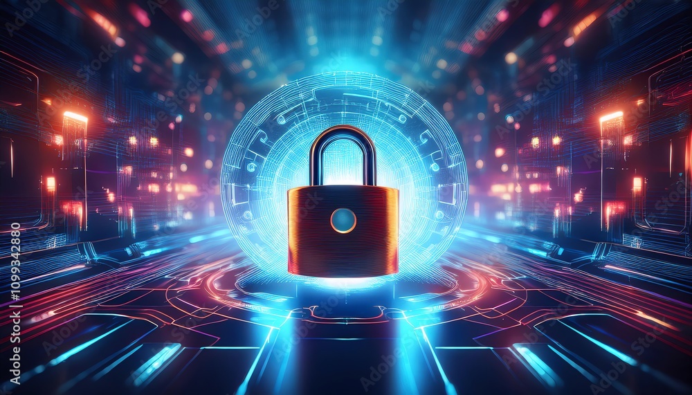 Poster a futuristic padlock surrounded by glowing circuits and digital elements, symbolizing cybersecurity 