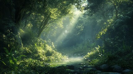 Fototapeta premium Lush forest with sunlight filtering through, peaceful nature, tall trees, dense greenery, calm atmosphere, enchanting, serene, tranquility, warm natural light