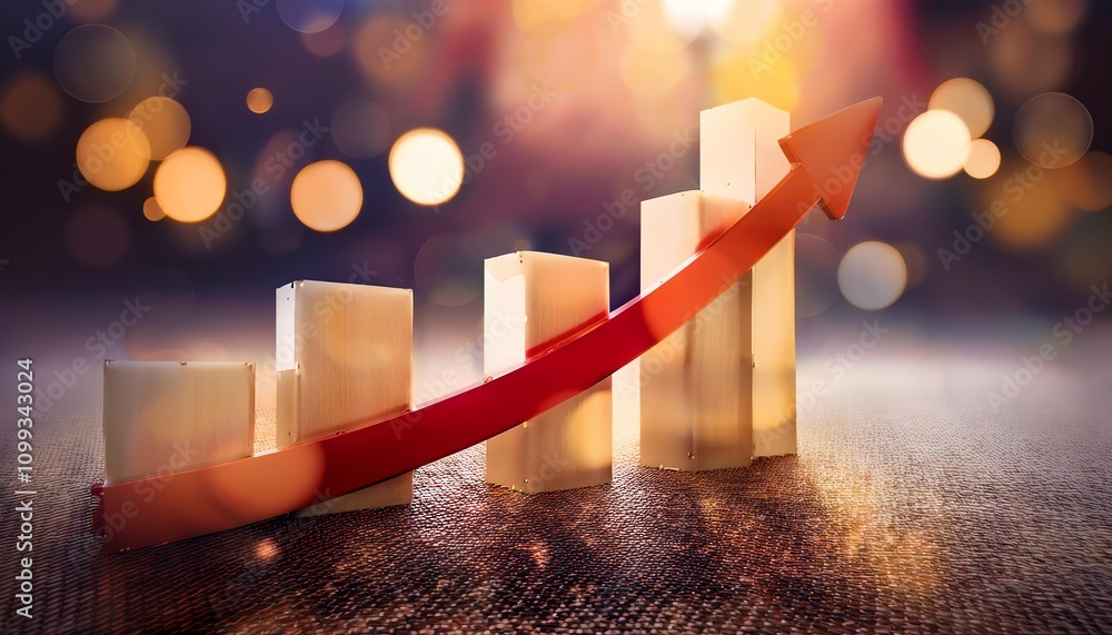 Poster a visually striking graph showing upward trends with bars and an arrow, illuminated by a warm, bokeh