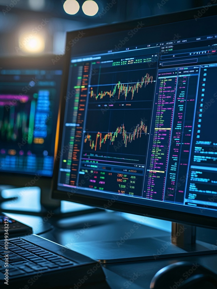 Poster an elegant investment dashboard mock-up showing forecasting tools and volatility meters