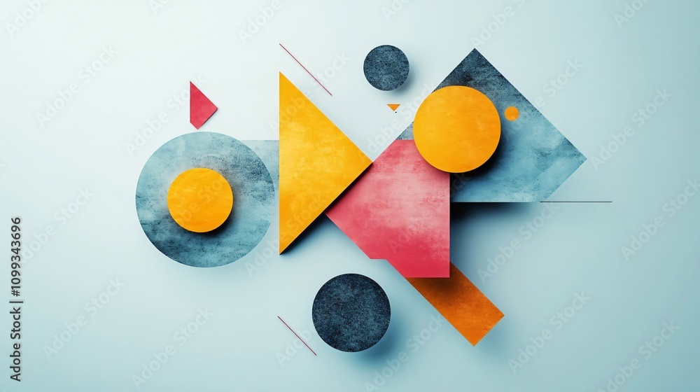 Poster abstract composition of colorful geometric shapes on a light blue background. minimalist design with