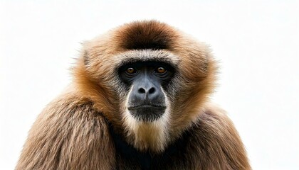 Obraz premium Close-up portrait of a gibbon showcasing its striking features and expressive eyes.