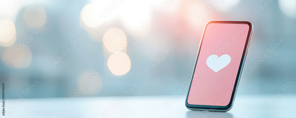 Poster smartphone displaying heart symbol on vibrant background, symbolizing love and connection. soft boke