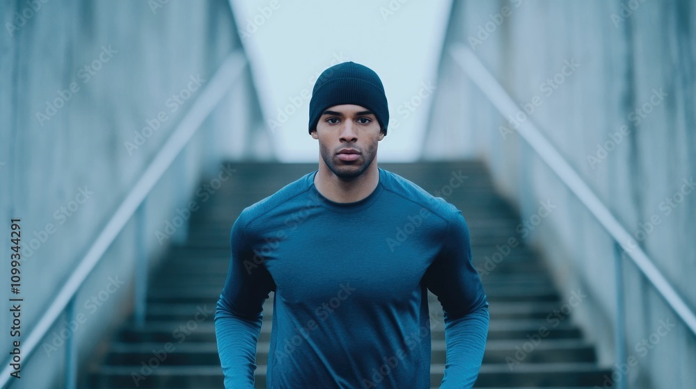 Poster determined athlete runner sprinting up stairs in an urban setting focusing on improving speed and po