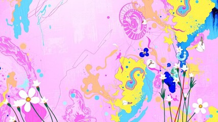 Painting of flowers on blue and pink background, white and pink flowers in center, generative AI, white, flowers