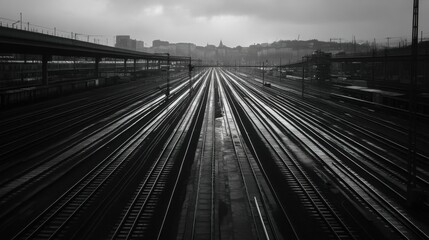 Fototapeta premium Rows of newly laid railway tracks awaiting trains; showcasing efficient planning and transportation advancements.