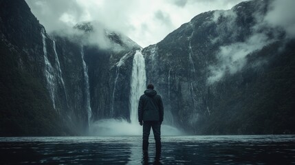 Obraz premium Man contemplates majestic waterfall in serene, misty mountains.