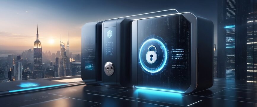 Cybersecurity Fortress:  A futuristic cityscape backdrop with two sleek, secure servers, each featuring a prominent blue padlock icon,  symbolizing digital protection and data security.