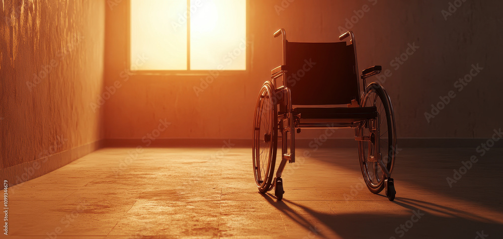 Aufkleber abandoned wheelchair in empty corridor emphasizes solitude and reflection, illuminated by warm sunli