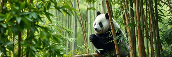 Obraz premium Panda bear sitting in lush forest with green leaves, white square in frame, foliage, white square
