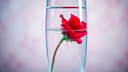 A single red rose elegantly floats in a glass of clear water against a soft, blurred background.