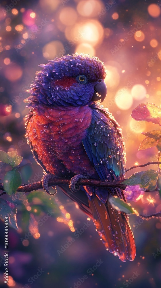 Poster a colorful parrot with water droplets perched on a branch with a bokeh background.