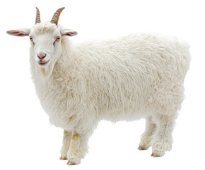 Fototapeta premium A full view of a fluffy white goat, isolated on a black background, showcases its thick, soft coat and horns.
