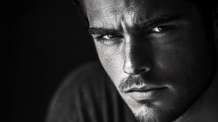 Fototapeta premium Contemplative Man in Black and White Portrait with Intense Expression