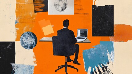 Fototapeta premium Modern Business: Silhouette of Man Working on Laptop at Desk with Global Graphic Elements and Textured Collage Background