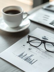 A modern office desk setup with reports on currency impact and inflation analysis