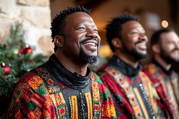 Obraz premium A choir dressed in festive robes singing carols inside a grand cathedral 