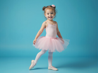 Smiling ballerina girl dancing wearing pink tutu and ballet shoes on blue background