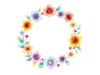 Pastel floral wreath frame with colorful leaves and flowers, round white space in center, frame, natural