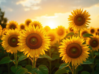 Obraz premium Sunflowers blooming in field at sunset creating scenic landscape